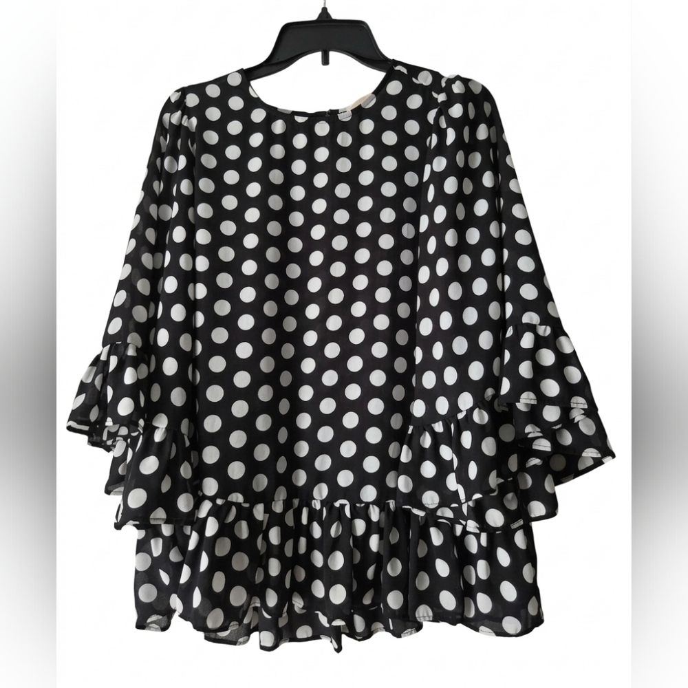 MMK Black & White Polka Dot Ruffle Sleeve Semi Sheer Top Size M. See Description